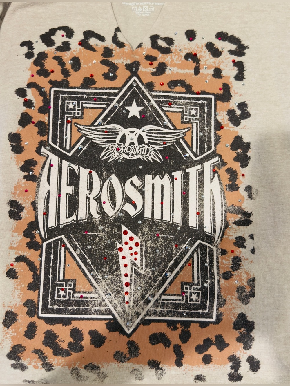 Aerosmith Graphic Tee — Black & Tan with Red & Clear Rhinestones. Size L